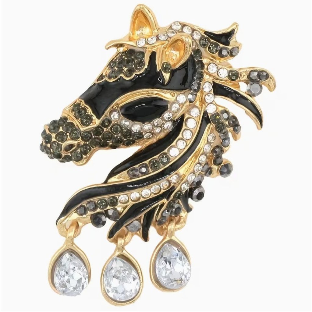 Betsey Johnson Black & Clear Crystal Horse Head Brooch Gold Tone